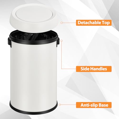 GarveeHome 17 gal/65 L Swing Top Trash Can, Stainless Steel Rubbish Bin, Commercial Grade Waste Container, Round Garbage Can for Outdoor, Home Office, Restaurant, White - color: White, Swing Lid