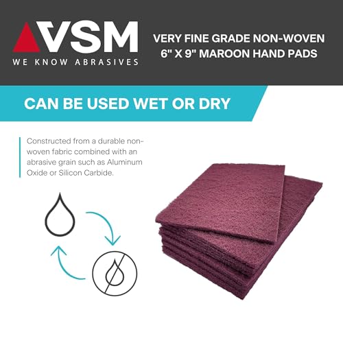 VSM 10-Pack: 6" x 9", Maroon - Very FIne, Non-Woven Hand Pad, Aluminum Oxide Grains, Rust and Oxidation Resistant, Multipurpose Abrasive Scrub Pad for Finishing and Cleaning