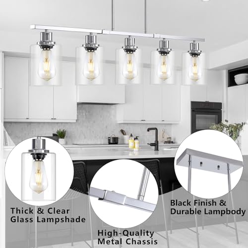 39.4" Kitchen Island Lighting, 5 Lights Clear Glass Pendant Light Fixtue, Chrome Linear Metal Chandelier for Dining&Living Room Foyer,Height Adjustable,E26 Socket - color: Chrome