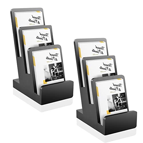 2 Pieces 3-Tier Black Brochure Holder Display Brochure Display Stand Wood Black Trifold Brochure Organizer Pamphlet Display Stand Literature Holder Countertop Book Display Rack for Magazine Booklets