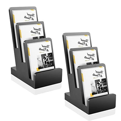 2 Pieces 3-Tier Black Brochure Holder Display Brochure Display Stand Wood Black Trifold Brochure Organizer Pamphlet Display Stand Literature Holder Countertop Book Display Rack for Magazine Booklets