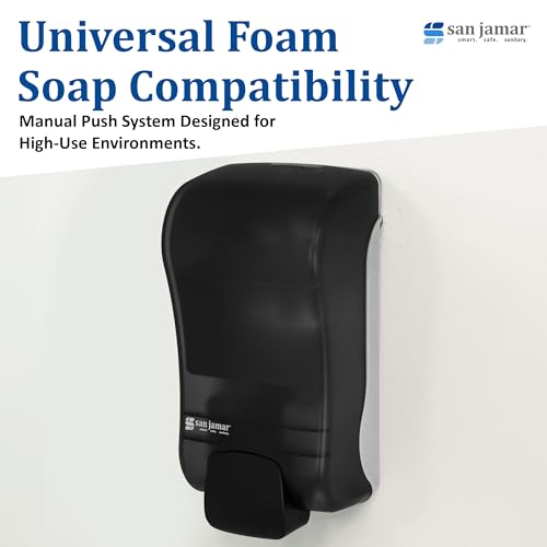 San Jamar Manual Soap Dispenser – 1300 mL Capacity Liquid Dispenser for Bulk Foaming Soaps, Wall Mount, Refillable with Transparent Reservoir Easy Push Bar for Commercial or Office Use, Black Pearl