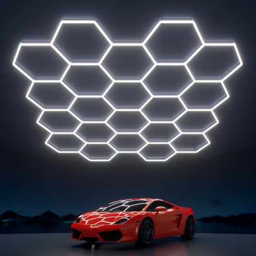Hexagon Garage Lights: 581W 83 Pack 22 Grids LED Garage Lights - Easy Install 6500K Super Bright Honeycomb Light for Warehouse, Car Detailing Shop, Exhibition Hall, Gym - size: 22 HEX