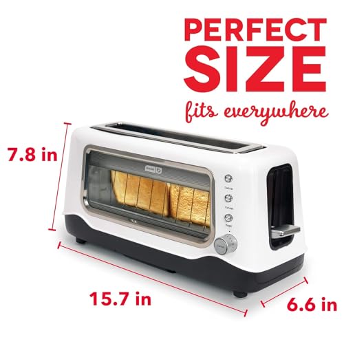 Dash Clear View Toaster | 10" Long Slot 2 Slice Toaster with See-Through Glass Window, 7 Browning Levels, Bagel, Defrost & Reheat Functions, Removable Glass Panel, Crumb Tray, White - color: White
