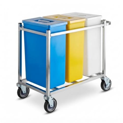 Mobile Triple Ingredient Storage Bin, 30 Gallon Capacity, Blue/White/Yellow, Polycarbonate with Cart, Rectangle Shape, Commercial Kitchen Use