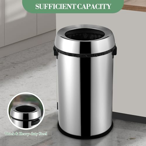 GarveeHome 65L/17 Gal Commercial Trash Can, Round Open Top Waste Bin, Large Stainless Steel Garbage Can, Outdoor Trash Bin with Wide Open and Dual Side Handle Design, for Office Bedroom Restaurant - style: Wide Open with Handle