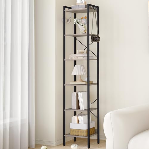 Hzuaneri Bookshelf, Book Shelf, Industrial Bookcase with 2 Hooks, - color: Greige, size: 9.4"D x 15.4"W x 72.8"H