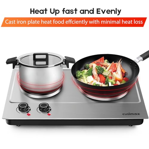 CUSIMAX 1800W Double Hot Plate, Stainless Steel Silver Countertop Burner Portable Electric Double Burners Electric Cast Iron Hot Plates Cooktop, Easy to Clean, Upgraded Version C180N - color: Silver, size: Double