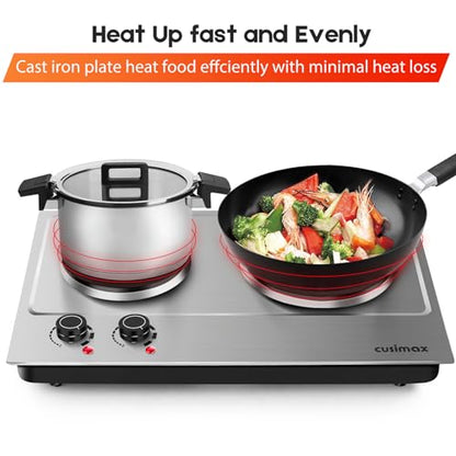 CUSIMAX 1800W Double Hot Plate, Stainless Steel Silver Countertop Burner Portable Electric Double Burners Electric Cast Iron Hot Plates Cooktop, Easy to Clean, Upgraded Version C180N - color: Silver, size: Double