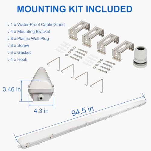 DAKASON 8FT LED Vapor Tight Light Fixture 4Pack, 15600lm 120W/100W/80W 3CCT - size: 8FT-4Pack