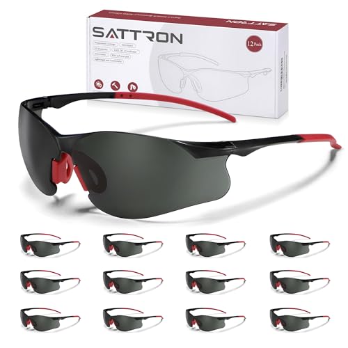 Safety Glasses Tinted 12 Pack, Protective Eyewear for Men Women UV Protection ANSI Z87.1, Safety Sunglasses Bulk Scratch Impact Resistant Eye Protection with Nose Pads for Construction Work Smoke - color: Gray Lens/Red Temples, size: 12 Pack