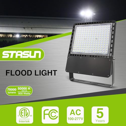STASUN Flying Series Ultra 500W 75,000LM LED Flood Light Outdoor, 100-277V 5000K Daylight White, IP67 Waterproof Stadium Lights for Arena, Backyard, Parking Lot, Courts, ETL Certification - size: 500W