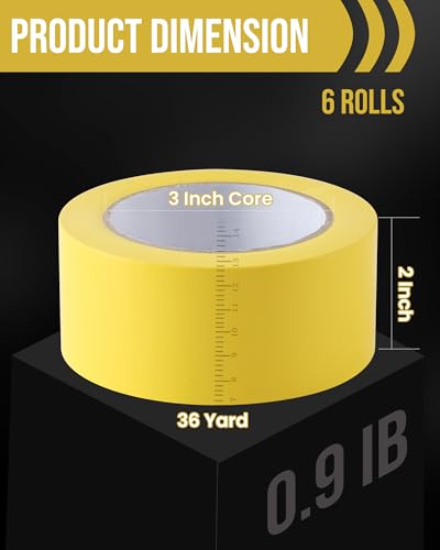 Lichamp 6 Rolls Vinyl Tape, 2" x 36 Yards per Roll, 216 Total Yards, Yellow - color: Yellow