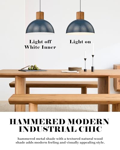 ELYONA Industrial Pendant Light 12" Hammered Metal Dome Hanging Lamp Solid Wood Pendant Light Fixtures for Kitchen Island, Farmhouse, Dining Room, Sink, Bedroom, Hallway, Modern Blue - color: Blue - 1 Pack