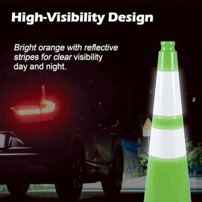 4 Pack 28 Inch Green PVC Traffic Cones Black Base Stable Flexible, Road Safety Construction Zone Crowd Control Safety Cones Outdoor Use (4, Green, 28 Inch) - color: Green, size: 28 Inch