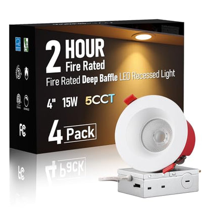 TORCHSTAR 4-Pack 4 Inch 2 Hour Fire Rated LED Recessed Light, Deep Baffle - size: 4 Inch