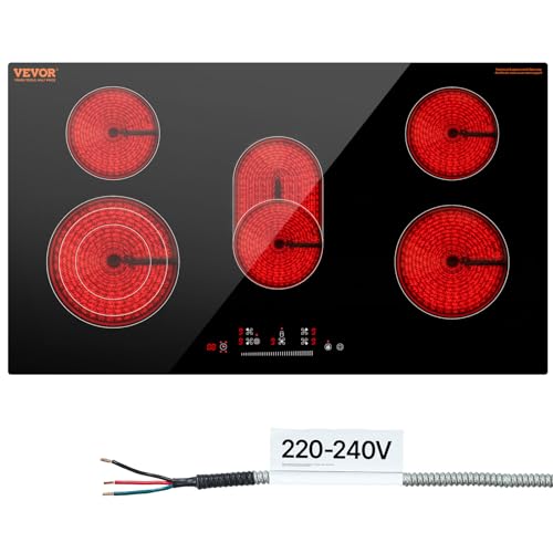 VEVOR Electric Cooktop, 36 inch 5 Burners Built-in Electric Stove Top, 8600W Ceramic Top Radiant Cooktop with Glass Panel, Touch Control, Timer, Child Lock, 9 Heat Level, 220-240V, Hard Wire (No Plug) - size: 36 IN-5 Burner+Touch Control