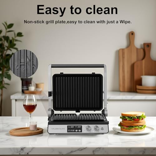 Panini Press,4 Slices Contact Grill with Removable Non-Stick Coated Grill and Flat Plates,Panini Makers with Temperature Control and Timer,Open 180 Degrees,Grill and Griddle (Half black with digital) - color: Half black with digital