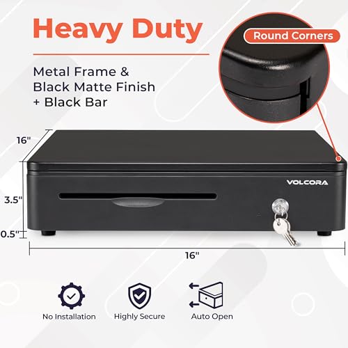 Volcora Cash Register Drawer for Point of Sale POS System with Round Corners 16", Removable Coin Tray, 5 Bill 8 Coin, 12-24V RJ11/12 Key-Lock Media Slot, Money Drawer for Business, Black Bar/Black - color: Black