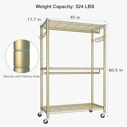FUTASSI P1 Plus Rolling Clothes Rack, 22mm Diameter Heavy Duty Garment Rack - color: Gold, size: P1 Plus