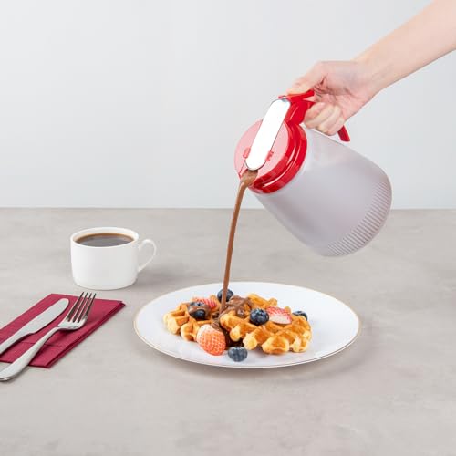 Restaurantware-Chef 101 48 Ounce All Purpose Syrup Dispensers, 10 Honey Dispensers - Red Top, Stainless Steel Slide Cover, Plastic Pancake Syrup Bottle, Perfect For Diners, Restaurants, Home - color: Red, size: 48 Ounces, style: 10 Count