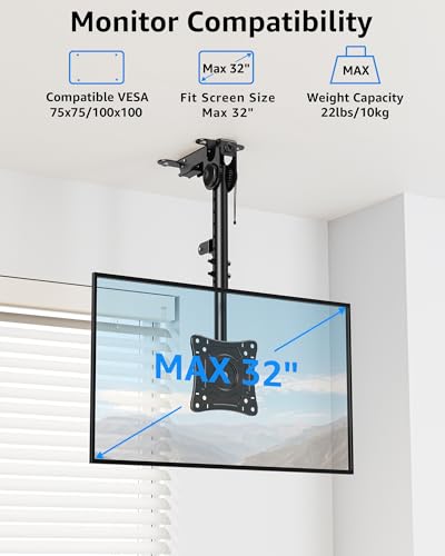 MOUNTUP Ceiling Monitor Mount for 13-32'', Max 22lbs Sceen, Flip Down Computer Monitor Mount, Folding Ceiling Mount with Full Motion Tilt Swivel Rotation, for Garage, Workshop, Sloped & Flat Ceilings