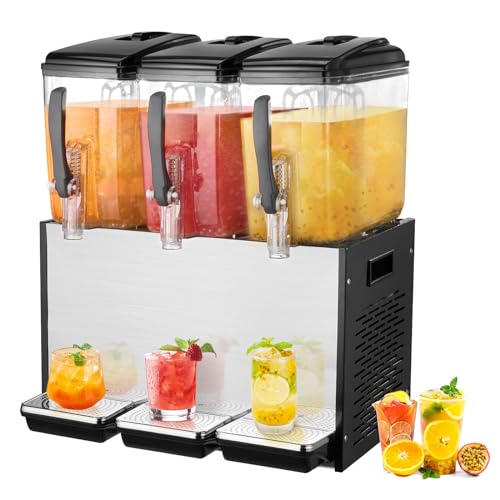 VEVOR Commercial Beverage Dispenser, 3 Tanks 12 L / 12.7 QT Per Tank Juice Dispenser, 370W Stainless Steel Ice Tea Drink Machine with 45°F-54°F Cooling Temperature, for Cold Drink Restaurant Bar Party