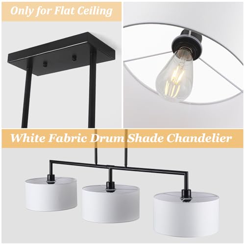 47" W Modern Linear Kitchen Island Pendant Light Fixture 3-Light White Linen Drum Shade Chandelier Black Metal Linear Chandeliers for Dining Room Farmhouse Hanging Light for Living Room, Bar, E26 - color: Black and White