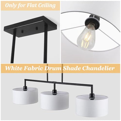 47" W Modern Linear Kitchen Island Pendant Light Fixture 3-Light White Linen Drum Shade Chandelier Black Metal Linear Chandeliers for Dining Room Farmhouse Hanging Light for Living Room, Bar, E26 - color: Black and White