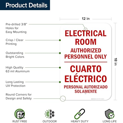 Electrical Room Authorized Personnel Only Bilingual Sign, 12x18 Inches, Rust Free .063 Aluminum, Fade Resistant, Made in USA by My Sign Center - size: 12x18 Aluminum