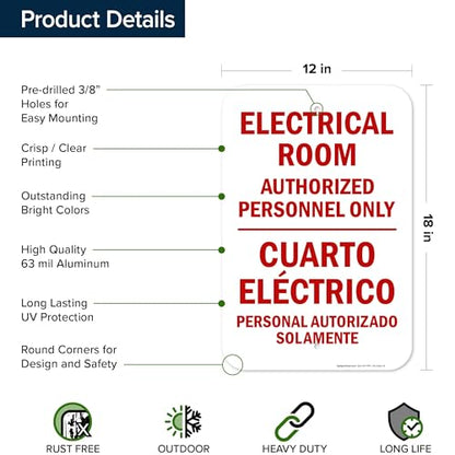 Electrical Room Authorized Personnel Only Bilingual Sign, 12x18 Inches, Rust Free .063 Aluminum, Fade Resistant, Made in USA by My Sign Center - size: 12x18 Aluminum