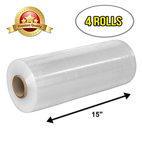 APQ 4 rolls of Cast Hand Stretch Film 15" x 2000'. Hand Stretch Wrap, 60 Gauge Thickness. Excellent Tear Resistance. Clear Residue Free Film for Moving, Shipping, Wrapping. Industrial Grade Cast Film. - size: 15" x 2000'