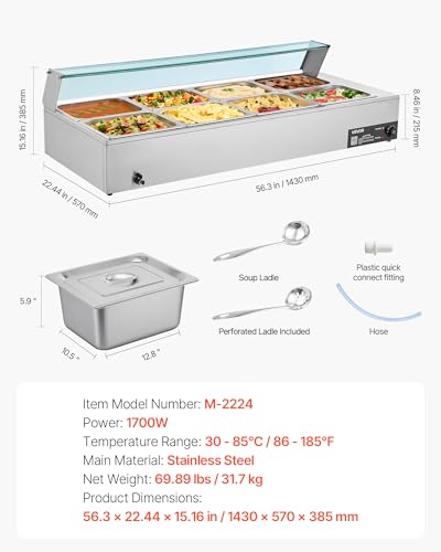 VEVOR Commercial Food Warmer, 1700W Electric Stainless Steel Steam Food Warmer with Glass Cover, 8-Pan Countertop Buffet Bain Marie with Soup & Perforated Ladles, for Catering, Restaurant & Party - size: 8x1/2Pan ;96QT