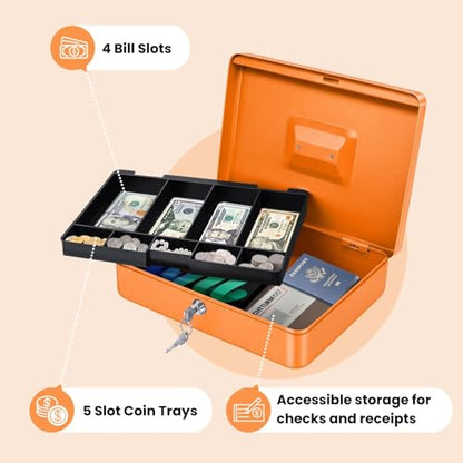 Flexzion Small Cash Box with Money Tray and Lock, 11.4-Inch, Orange - color: Orange