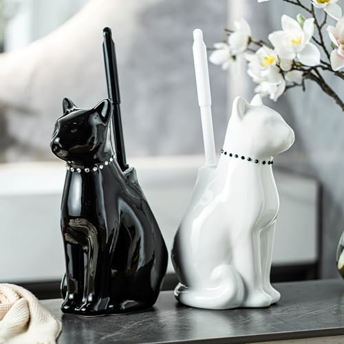 Cat Toilet Brush Holder - Ceramic Whimsical Feline Design with Wide-Mouth Storage, Black Toilet Bowl Brush and Holder Set Cute for Bathroom Ground, Easy-Clean Cat Lover Gift (White)