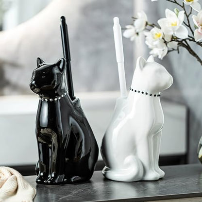 Cat Toilet Brush Holder - Ceramic Whimsical Feline Design with Wide-Mouth Storage, Black Toilet Bowl Brush and Holder Set Cute for Bathroom Ground, Easy-Clean Cat Lover Gift (White)