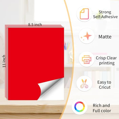 Printable Sticker Paper, 20 Sheets Red Printable Sticker Paper, Laser/Inkjet Printing- Matte Red, Letter Size (8.5" x 11") - color: Red, size: 8.5" x 11"