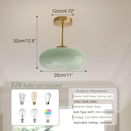 Milk Ceiling Light mid Century Modern Ceiling Light fixtures with Milk Green Glass Shade Gold Semi Flush Mount Ceiling Light, Vintage Glass Ceiling Lamp Hallway Dining Room Kitchen - color: Milk Green