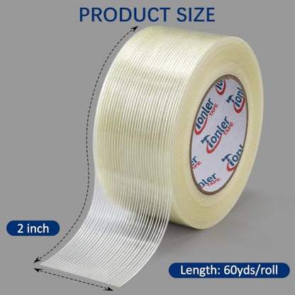 Filament Strapping Tape 2" x 60Yd 2 Rolls Fiberglass Reinforced - size: 2 Rolls 2 In x 60 Yd