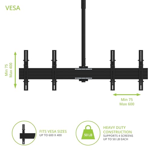 Kanto CM600B4B Back-to-Back Quad TV Ceiling Mount for 40” to 45” TVs | 200 lb Weight Capacity | Height Adjustable | Up to +15°/-6° Tilt | Hidden Cable Management - style: Commercial - Quad TV - For 40" to 45" TVs - Black