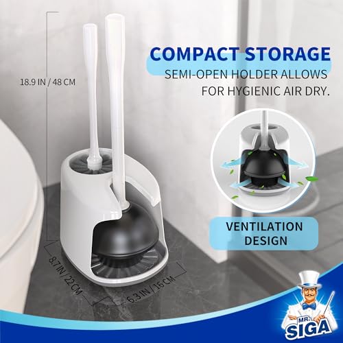 MR.SIGA Toilet Plunger and Brush with Holder for Toilet Cleaning, White - color: White