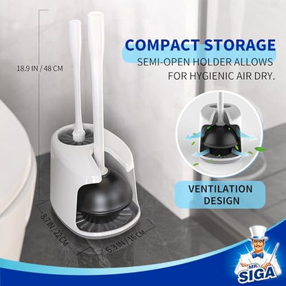 MR.SIGA Toilet Plunger and Brush with Holder for Toilet Cleaning, White - color: White