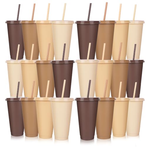 24 Pack Plastic Tumblers with Lids and Straws, Reusable Cups with Lids Plastic Colorful Cups for Parties Birthdays, Iced Coffee Cup Cold Drink Cups Bulk Tumblers (24 oz, Gradient Khaki Colors) - color: Gradient Khaki Colors