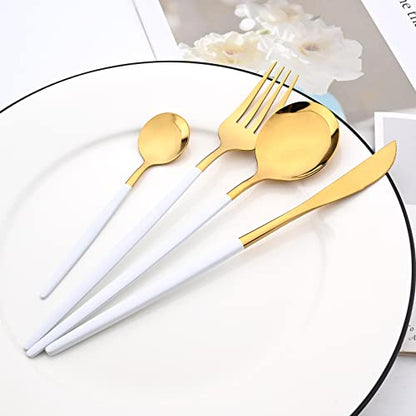 Mirror Cutlery Serving Set, 24-piece 18/0 Stainless Steel Silverware With White Handle Simple & Modern Tableware For Home Party Restaurant Christmas Dinner, Service For 6 (White Gold) - color: White gold
