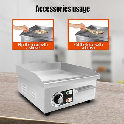 14" Commercial Electric Griddle,Electric Countertop Flat Top Griddle,110V 1500W Electric Flat Top Grill,Non-Stick Restaurant Teppanyaki Stainless Steel Grill,Adjustable Temperature Control - style: 14''