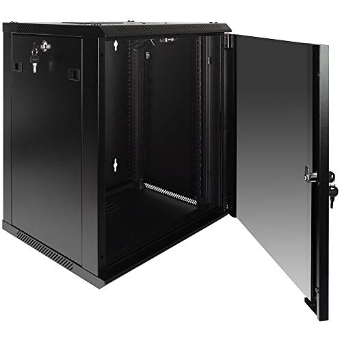 NavePoint 12U Server Rack Enclosure with Glass Door, Cooling Fan, Locks, & Removable Side Panels - 12U Wall Mount Network Cabinet 19 Inch Rack 17.7" Deep (450mm) - size: 12U