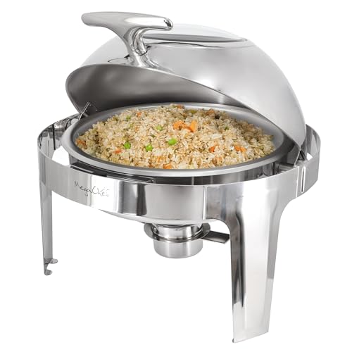 MegaChef 6.3 Quart Round Stainless Steel Professional Chafing Dish/Food Warmer/Buffet Server Serving Trays w/Roll Top & View Window for Entertaining/Catering/Large Gatherings (6.3 Quart w/Window) - size: 6.3 Quart w/Window