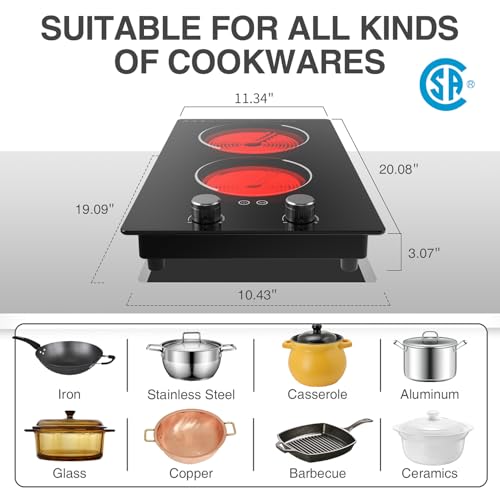 GIHETKUT Electric Cooktop,110V 2100W Electric Stove Top with Knob Control, 10 Power Levels, Kids Lock & Timer, Hot Surface Indicator, Overheat Protection,Built-in Radiant Double induction cooktop - size: 2 burner electric stove