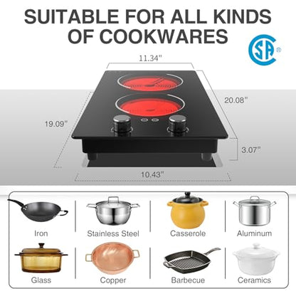 GIHETKUT Electric Cooktop,110V 2100W Electric Stove Top with Knob Control, 10 Power Levels, Kids Lock & Timer, Hot Surface Indicator, Overheat Protection,Built-in Radiant Double induction cooktop - size: 2 burner electric stove
