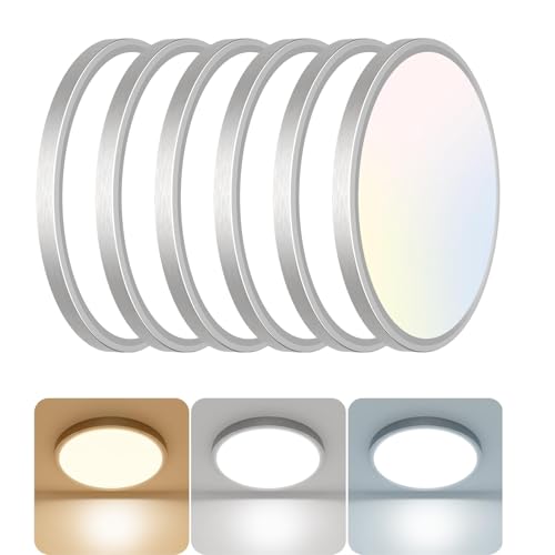 libtit 12 inch Flush Mount LED Ceiling Light Fixture, 3000K 4000K 6500K Adjustable, 28W 3200lm Brushed Nickel Satin Round Lighting Fixtures for Bathroom Shower Hallway Kitchen, 6 Pack - color: Brushed Nickel, size: 12in-6Pack
